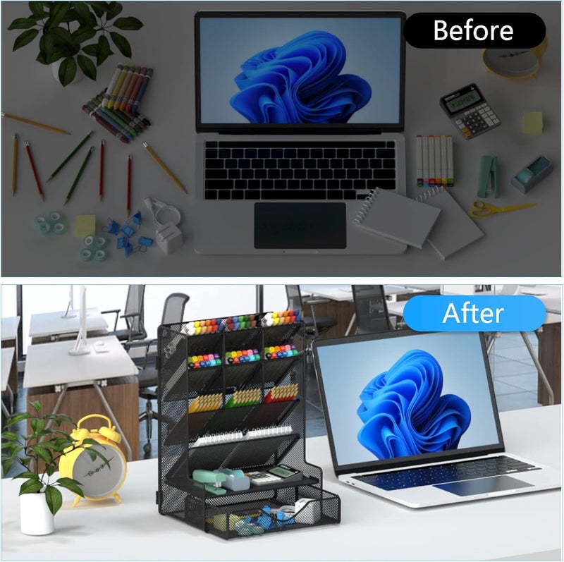 BOHDK Pen Organizer for Desk, Multi-Functional Desk Organizer, Wall Mount Pen Holder with Drawer for School, Office, Home, Art Supplies, Black - Image 4